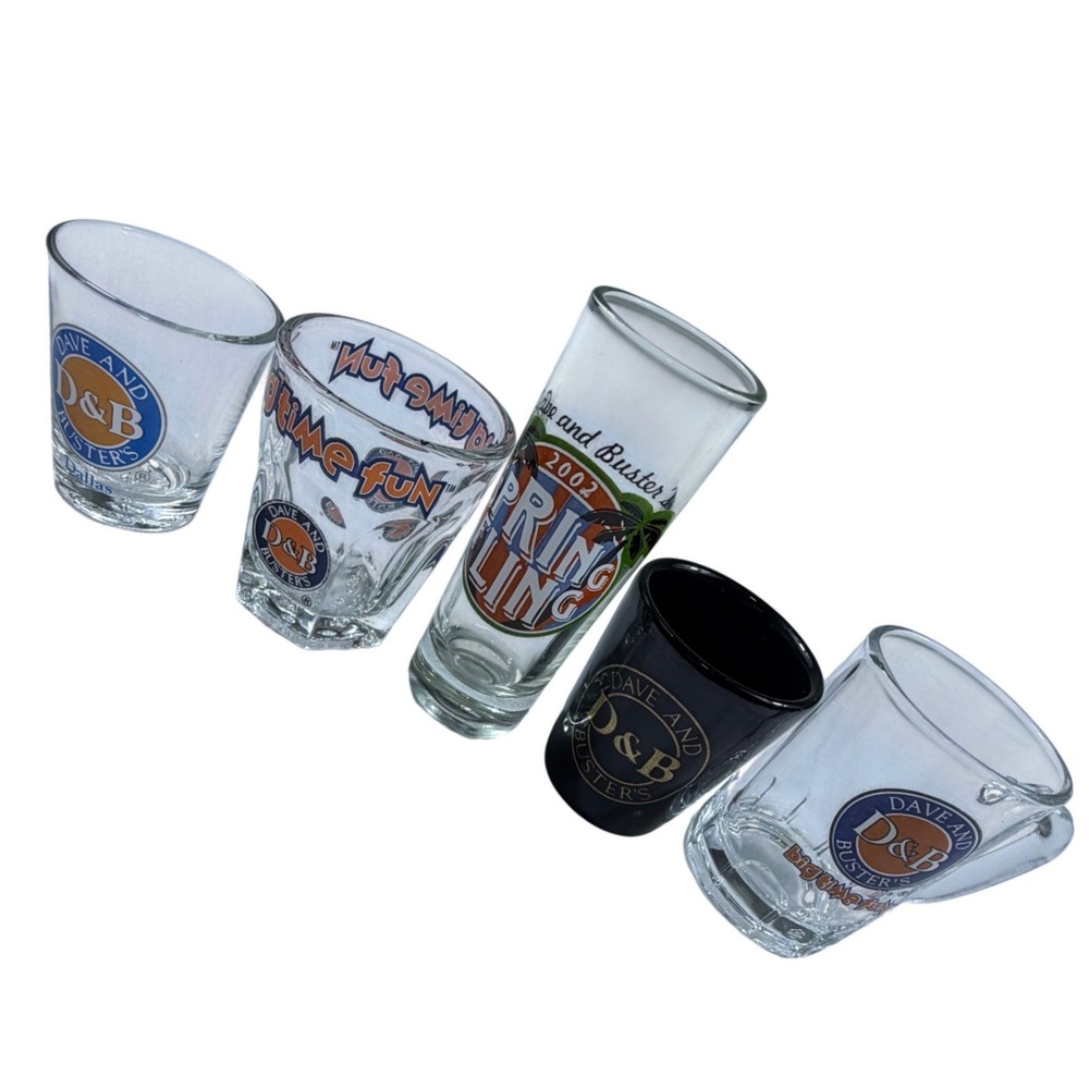 Dave‎ and Busters Shot Glass Lot of 5 Dallas Spring Fling 2002 Arcade Barware